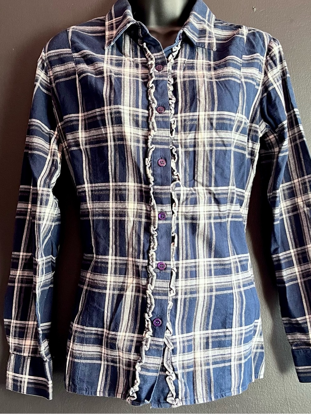 Jones New York Navy and White Plaid Button-Up Shirt